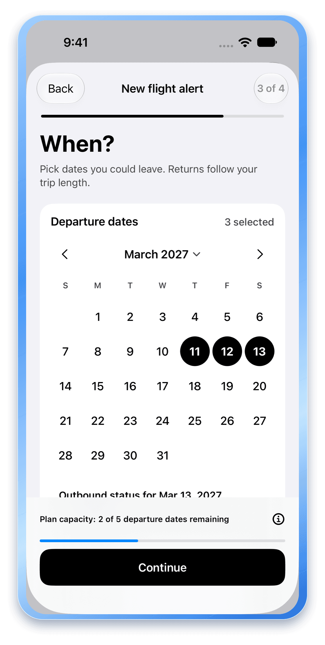 FlightCal travel planning screen showing flexible dates